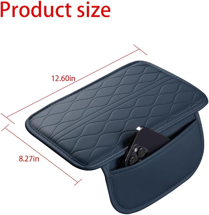 Car Center Console Cover, Leather Vehicle Armrest Seat Box Pad Cushion with 2 Storage Bags, Automotive Interior Arm Rest Protector Accessories, Universal for SUV, Sedan, Truck (Blue)