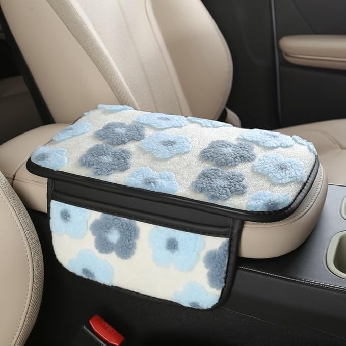 Plush Fleece Car Armrest Cover, Armrest Protection Cover with Side Storage Pockets, Armrest Seat Box Cover, Car Center Console Cushion Pad(blue-Double mouth)