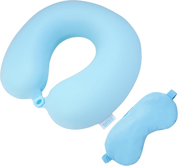 Bliss Neck Pillow - Lightweight U-Shaped Memory Foam Travel Neck Pillow with Snap Closure for Airplanes, Traveling, Offices, Cars, Size One Size, Light Aqua with Mask