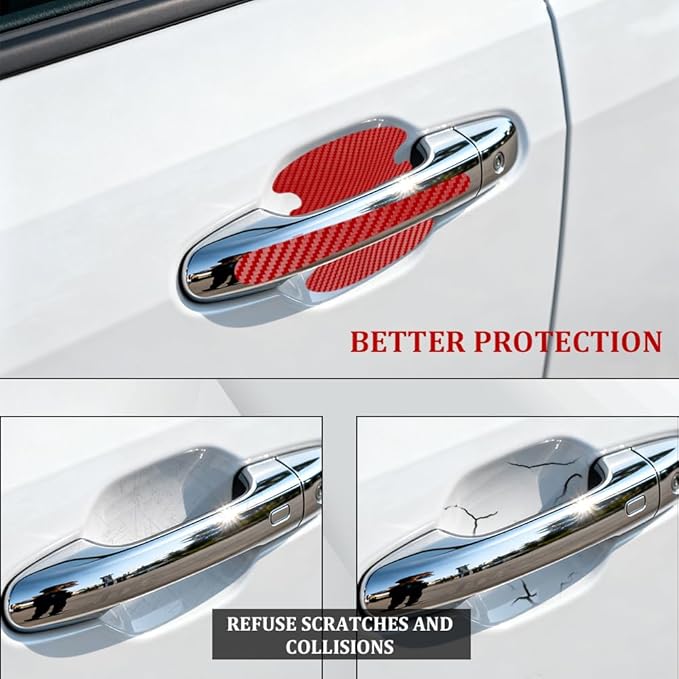 8PCS Car Door Handle Scratch Protectors, Car Door Handle Sticker, Carbon Fiber Anti-Scratches Auto Bowl Protectors, Waterproof Cup Paint Guard Protective Films for Most Vehicles (Red 8PCS)