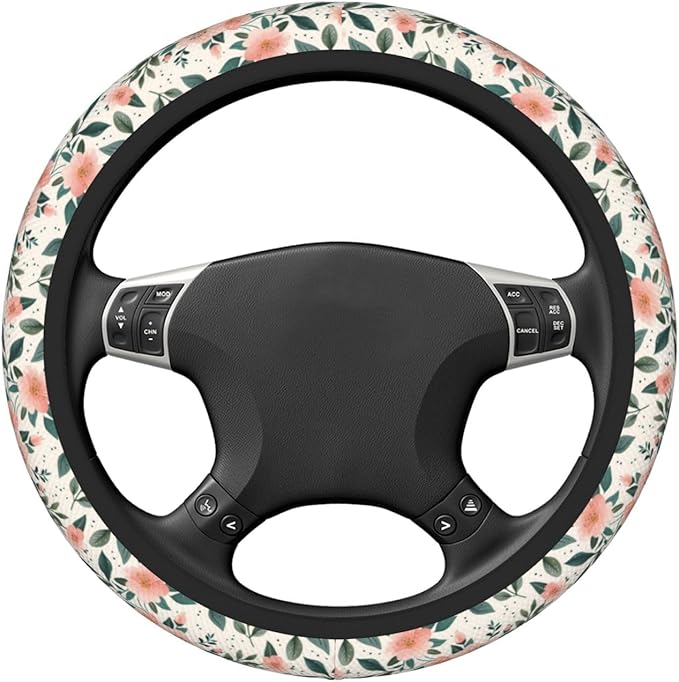 Pink Flowers Floral Steering Wheel Cover for Women Men Girls, Car Accessories Decor Thickened Anti-Slip Auto Steering Wheel Covers Protector Universal Fit 15 Inch for Cars, Truck, SUV