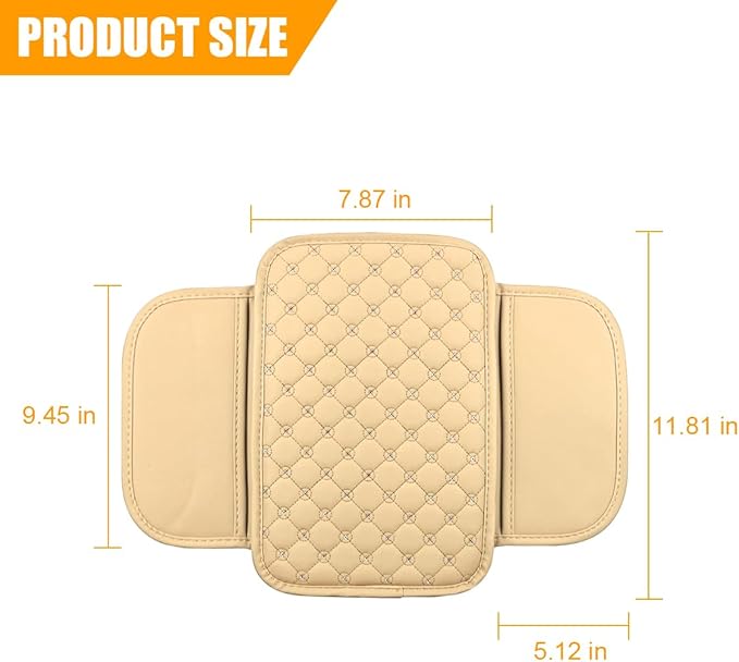 Bling Car Center Console Cover, Leather Crystal Rhinestone Vehicle Armrest Cushion Pad with Side Storage Bags, Scratch Resistant Auto Middle Console Protection Mat, Universal Fit (Beige)