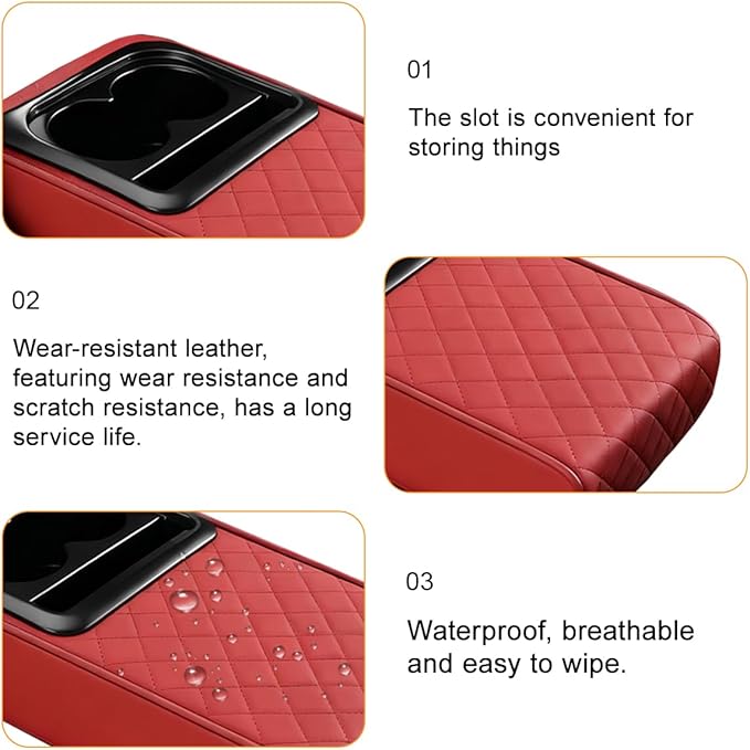 Car Center Console Armrest Pillow, Leather Vehicle Middle Console Protection Cushion with Cup & Phone Holder, Waterproof Automotive Arm Rest Box Cover, Universal Fit (Wine Red Rhombus)