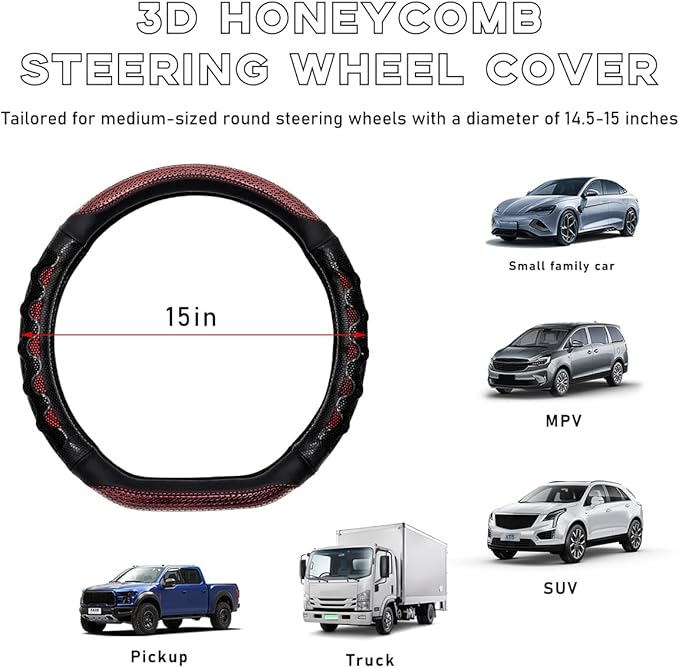 Car Steering Wheel Cover, 15 Inch Leather D-Shaped Comfy Grip Steering Wheel Protector, Anti-Slip Steering Wheel Cover with 3D Honeycomb for Most Vehicles, Car Accessories (Red)