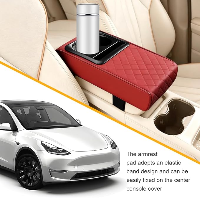 Car Center Console Armrest Pillow, Leather Vehicle Middle Console Protection Cushion with Cup & Phone Holder, Waterproof Automotive Arm Rest Box Cover, Universal Fit (Wine Red Rhombus)