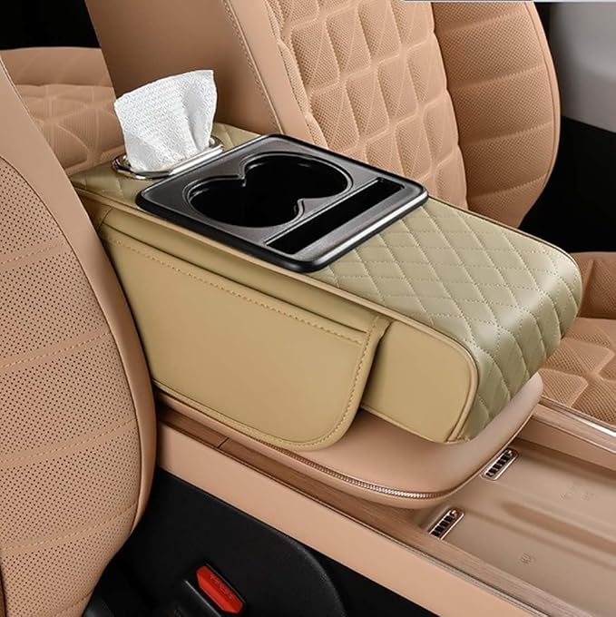 Leather car armrest Organizer with Cup Holders, Storage Pockets & Anti-Slip pad. Universal fit, Easy Install. (Beige)