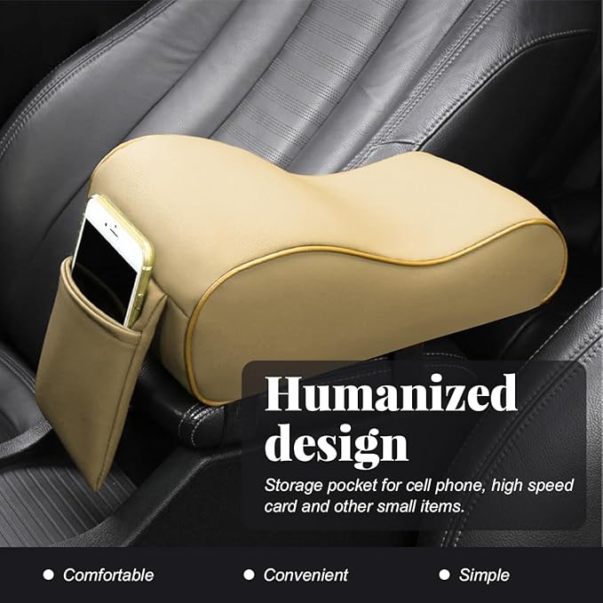 Car Center Console Cover, Soft Memory Foam Auto Arm Rest Pillow with Phone Holder Storage Bag, Waterproof Leather Armrest Seat Box Protector Comfy Cushion Pad for Most Cars (Beige)