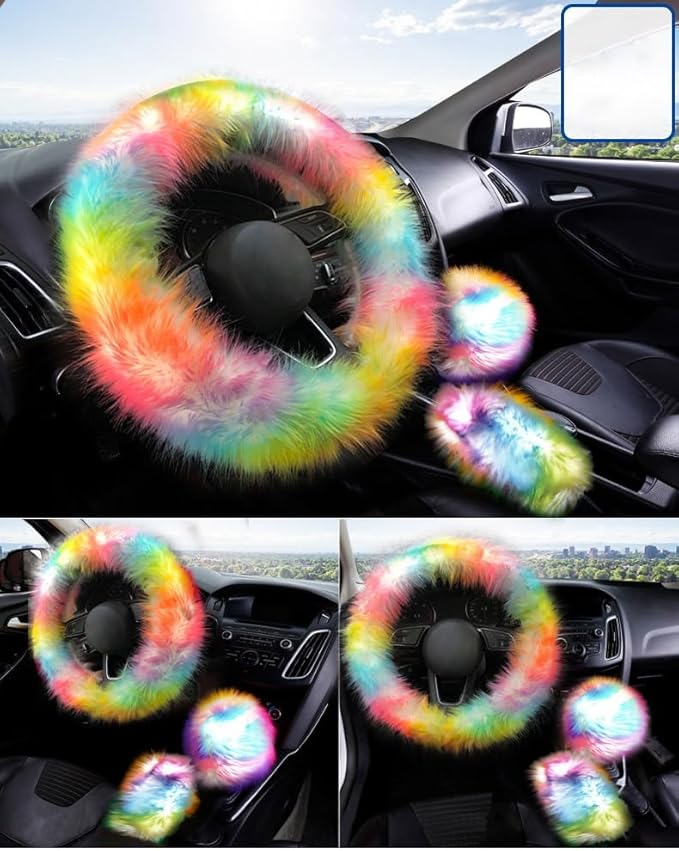 15inches Universal Leather Car Steering Wheel Cover Car Accessories Colorful Fuzzy Steering Covers Gear Shift Cover Handbrake Cover (Colourful)