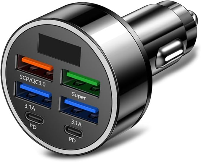 6 in 1 MultiPorts Car Charging Adapter with Digital Voltages Display USB/USB C Charging PD5V-3.1A for Fast Charging