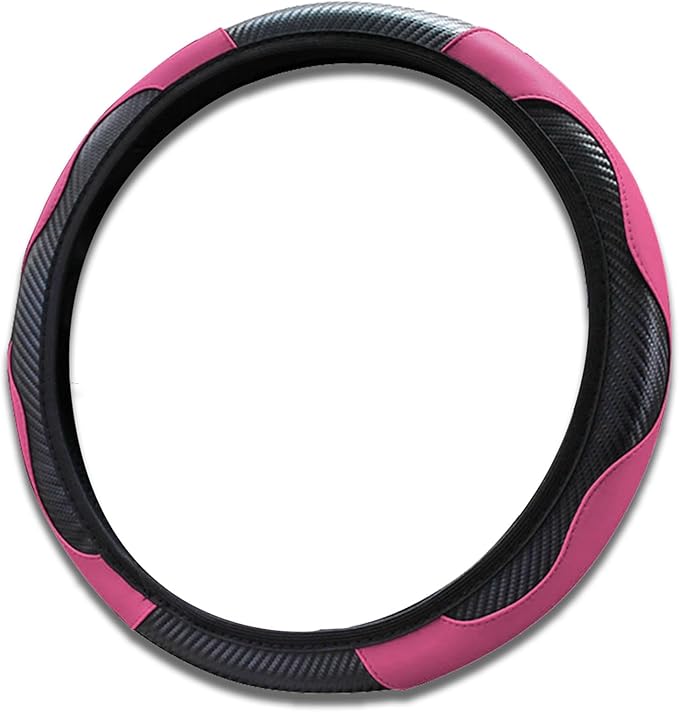 Car Steering Wheel Cover, 15 inch Carbon Fiber Microfiber PU Leather Elastic Steering Wheel Protector for Unisex, Anti-Slip Breathable Car Interior Accessories for Most Cars (Pink)