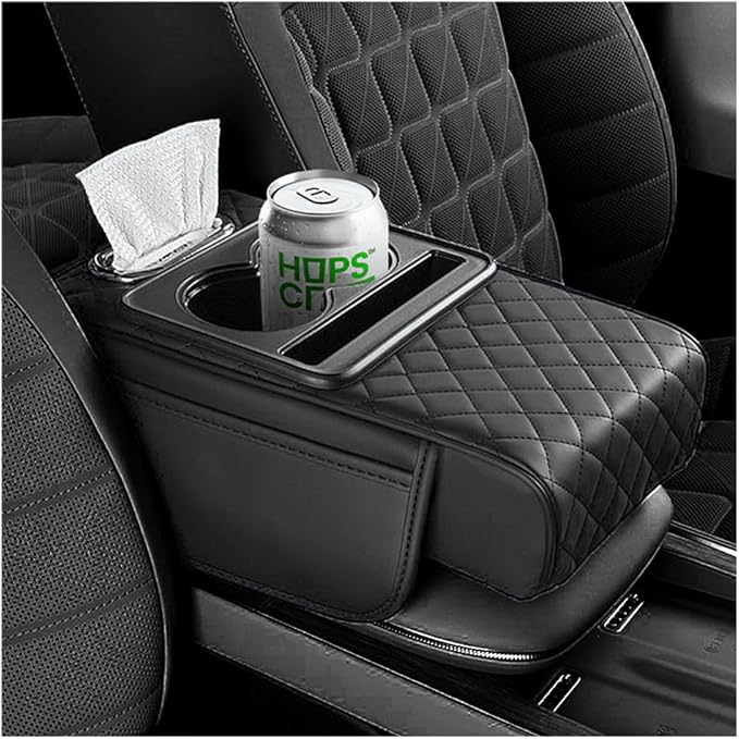 5-in-1 Car Center Console Cover,Multifunctional Arm Rest Cover for Car with Cup Holder,Phone Holder,Pocket,Car Tissue Holder,Leather Height Enhancement Car Armrest Cushion for Most Cars (Black)