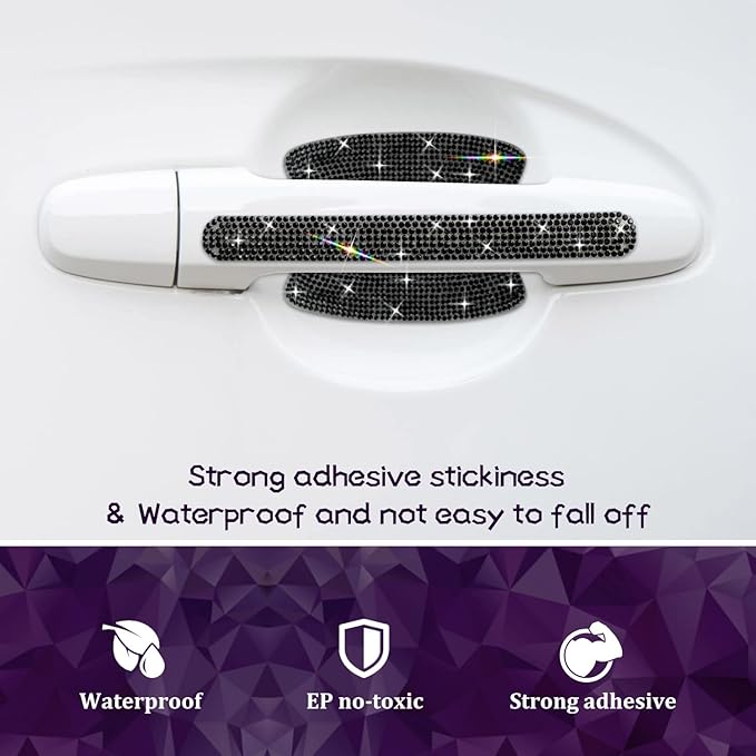 Gengki 10PCS Car Door Handle Bling Rhinestones Stickers Universal Auto Door Handle Scratch Cover Guard Protective Film Pad with Safety Reflective Strips
