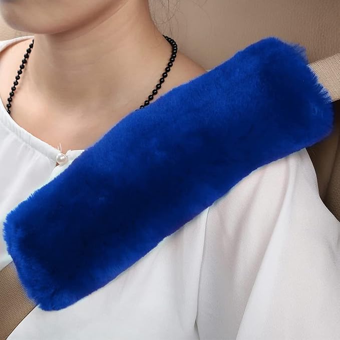 1 Set 6 Pcs Fluffy Car Steering Wheel Cover & Seat Belt Shoulder Pads & Handbrake Cover & Gear Shift Cover Set & Seat Belt Shoulder Pads Faux Wool Universal Fit Car Interior Accessories (Blue)