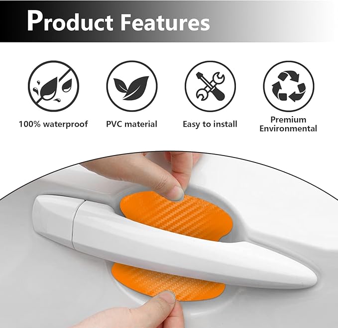 Kewucn 4PCS Car Door Handle Sticker, Carbon Fiber Auto Door Side Handle Protective Films, Anti-Scratch Vehicle Door Cup Protector, Universal Exterior Accessories for Most Cars (Orange)