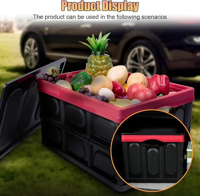 Car Trunk Organizer, Foldable Plastic Cargo Storage Box with Lid, Large Car Tool Container with Handles, Universal Automotive Organization Accessories for Camping, Groceries (Black)