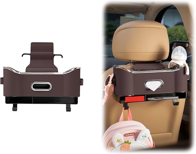 SEPSUMMER Multifunctional Car Backseat Organizer with Cup Holder, Tissue Box, Trash Bin & Hooks, 3-in-1 Back Seat Car Organizer for Hold Phones, Snacks, Drinks, and Handbags (Original Model - Brown)