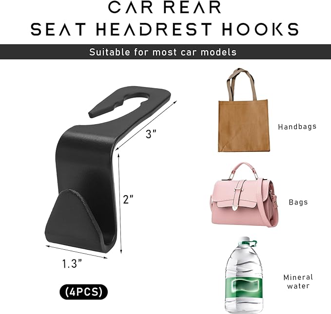 4 PCS Car Seat Headrest Hooks, Auto Seat Hook Hangers Storage Organizer, Back Seat Hanger for Car Handbag Clothes Coats Grocery Bags, Universal Interior Car Accessories (Black)