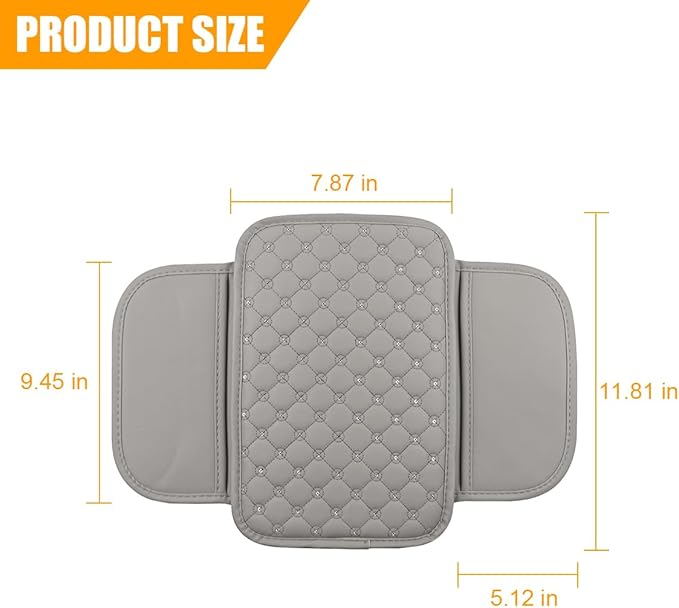 Bling Car Center Console Cover, Leather Crystal Rhinestone Vehicle Armrest Cushion Pad with Side Storage Bags, Scratch Resistant Auto Middle Console Protection Mat, Universal Fit (Gray)