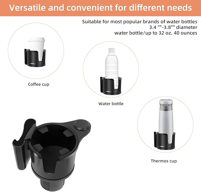 Car Cup Holder Expander with Phone Holder, 2 in 1 Big Cup Organizer with Adjustable Base, fits for Tumbler Cup 20-40oz Hydro Flask, Yeti, 3.4”-4.1” Cups