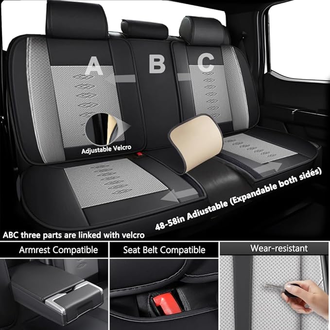 Premium Universal Car Seat Cover, Comfortable Leather Seat Cover for 96% of Models, Waterproof Car Seats Protectors Cushions for 5 Seats(Black+Grey,Pillows)