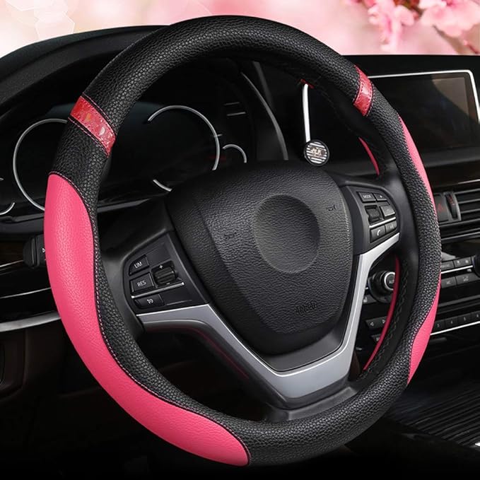 Universal Leather Steering Wheel Cover for Women Steering Wheel Cover for Car 15 inch (Rose)