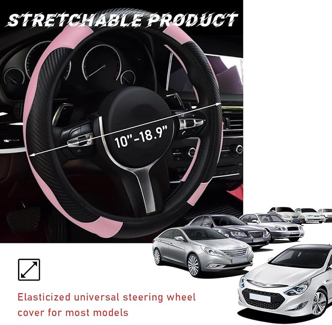 Car Steering Wheel Cover, 15 Inch Leather Breathable Auto Steering Wheel Protector, Comfortable Non-Slip Vehicle Steering Wheel Covers, Universal Interior Car Accessories (Black+Pink)