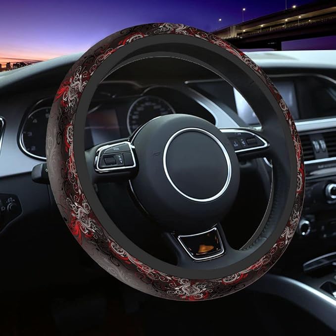 Swono Car Steering Wheel Covers Red Black Floral Beautiful Floral at The Border Creative Design Universal for Women Girls Soft Neoprene Anti-Slip Car Accessories for Most Sedan Van SUV