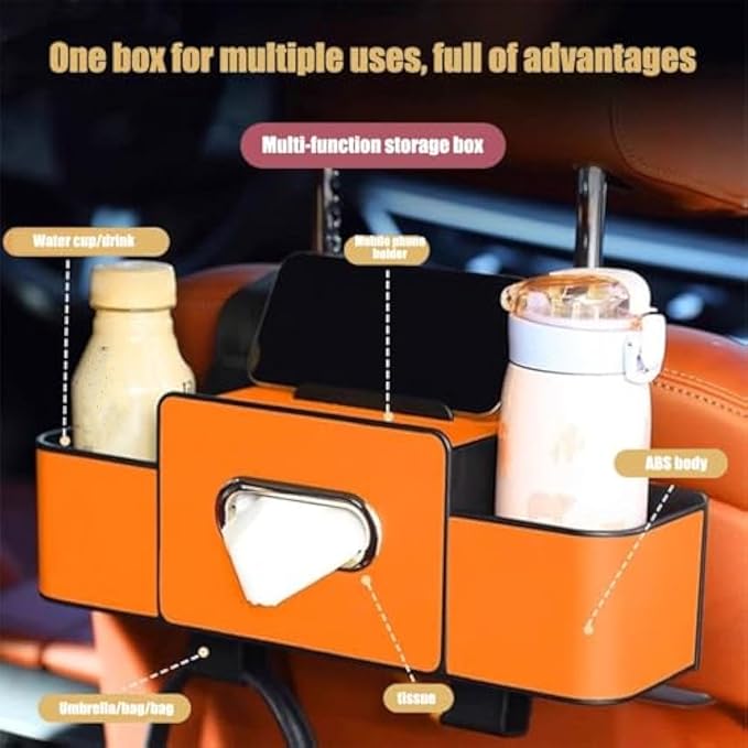 Car Organizers and Storage Box, Multifunctional Car Organizer and Storage Box Back Seat, 3-in-1 Holder Tissue Dispenser, Phone Stand for Snacks, Drinks, Bag Hook, Keep Tidy & Organized (Black)
