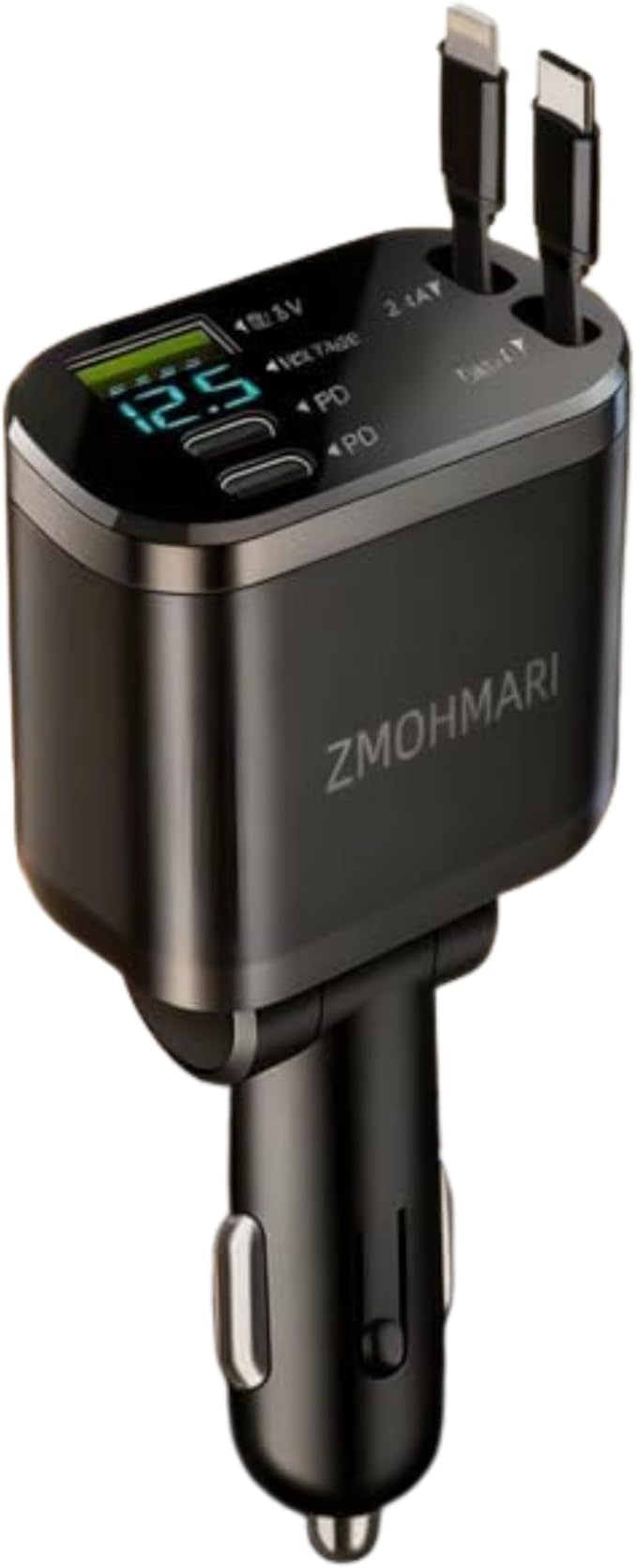 69W Fast Car Charger, 5-in-1 Retractable USB-C & Lightning Charging Cables, PD USB-C + USB-A Ports, Digital Voltage Display, Universal Multi-Device Car Charger