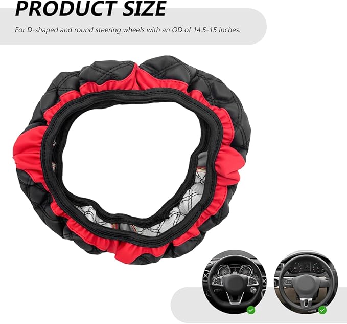 Car Steering Wheel Cover, 15 Inches Leather Steering Wheel Protector with Non-Slip Grip, Universal Wheel Covers Interior Decoration for Sedens Trucks SUVs, Car Accessories (Black & Red)