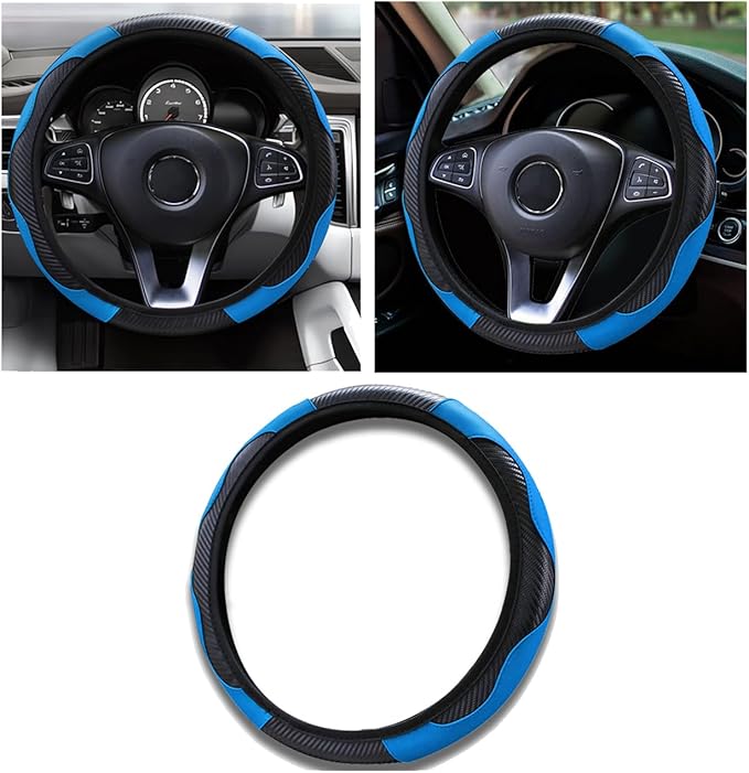 Car Steering Wheel Cover, 15 inch Carbon Fiber Microfiber PU Leather Elastic Steering Wheel Protector for Unisex, Anti-Slip Breathable Car Interior Accessories for Most Cars (Blue)