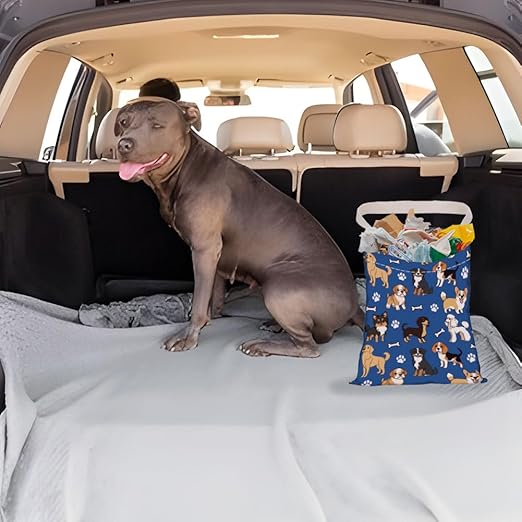 2PCS Cute Funny Cat Dog Print Car Trash Bag Portable Hanging Garbage Bag with Snap Buttons Back Seat Rubbish Storage Dustbin for Women Man Car Interior Accessories Kitchen Home Travel