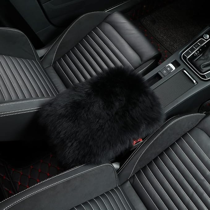 IRIWOOL Sheepskin Armrest Cover Auto Center Armrest Cover Car Soft Console Pad, Fluffy Wool Auto Center Console Cover for Most Car Arm Rest Decoration Protector 9 x 14 Inch (Long Wool, Black)