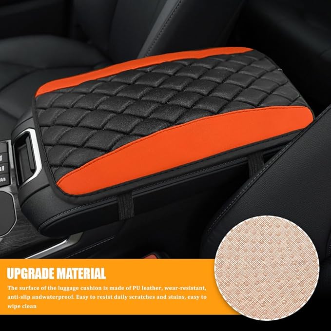 Car Center Console Cover, Leather Waterproof Armrest Seat Box Cushion Pad, Universal Decor Protector Mat, Comfortable Car Decor Accessories Fit for Most Cars, Vehicles, SUVs (Orange)