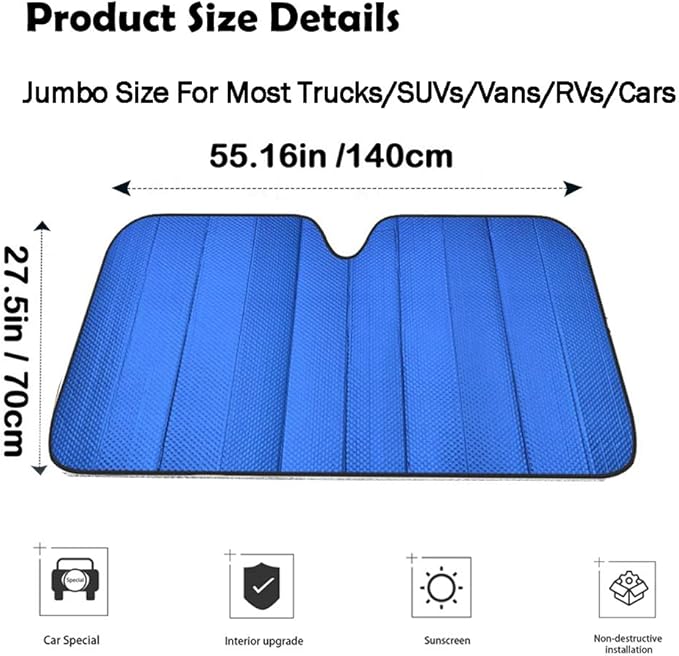 Big Ant Windshield Sun Shade Car Window Sunshade as Bonus,Blue Car Sun Shade Foldable UV Ray Visor Protector Visor Shield Cover Keeps Vehicle Cool (Size 55" x 27.5")