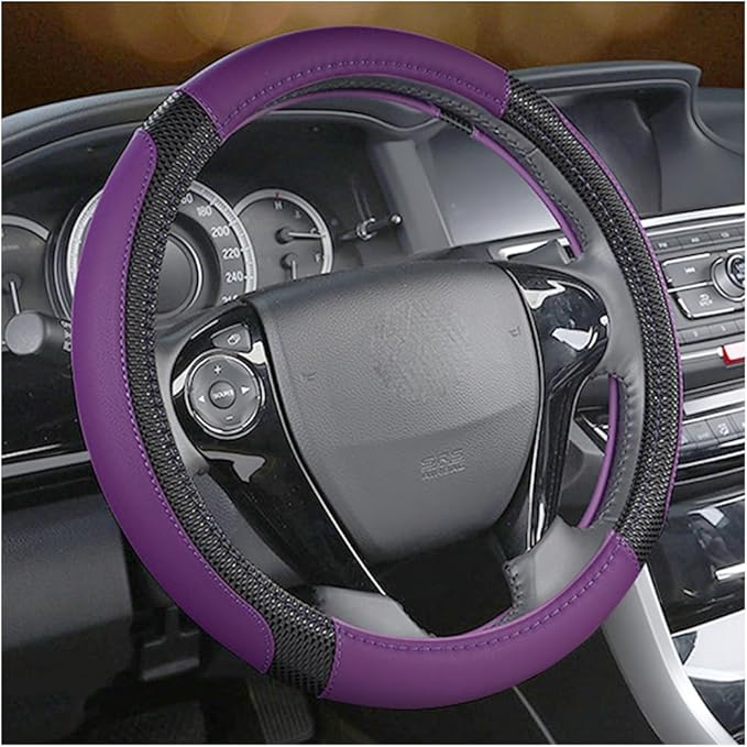 Car Steering Wheel Cover, 14.97 Inch Leather Non-Slip Vehicle Steer Wheel Protector, Soft & Breathable Automotive Interior Protection Accessories, Universal for SUV Sedan Truck (Black/Purple)