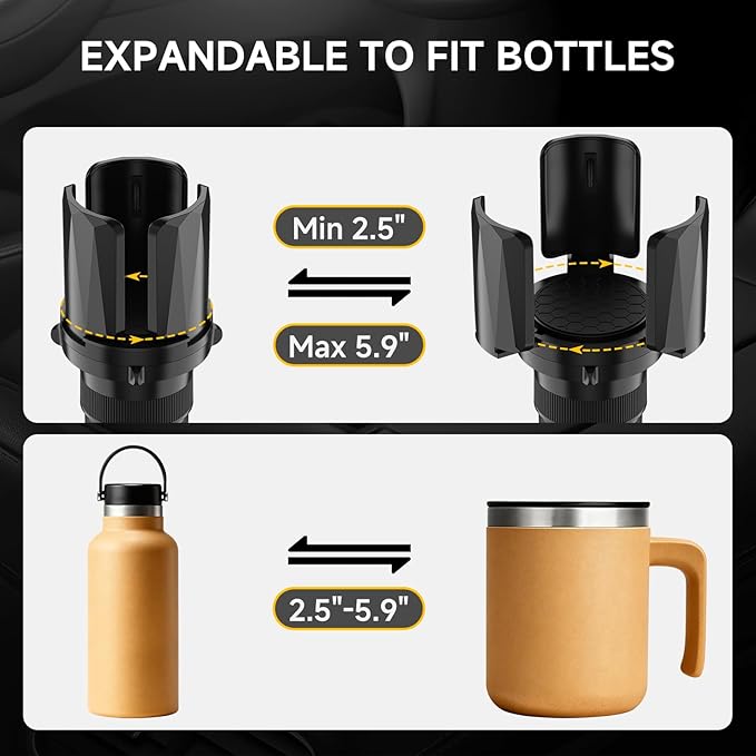 DYLEN Car Cup Holder Expander, Cup Holder Expander Adapter for Car with Adjustable Arms and Base, Fits Yeti, HydroFlask, Stanley, Other Bottles 14-64oz (2 Pack)