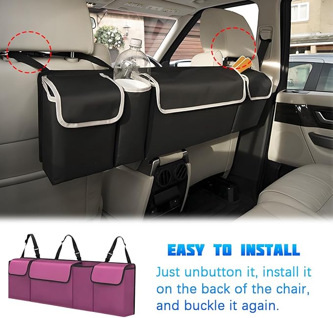 Car Trunk Organizer with Lid, Large Waterproof Vehicle Backseat Hanging Storage Bag with 4 Pockets & Adjustable Straps, Collapsible Automotive Interior Cargo Bag, Universal Fit (Purple)