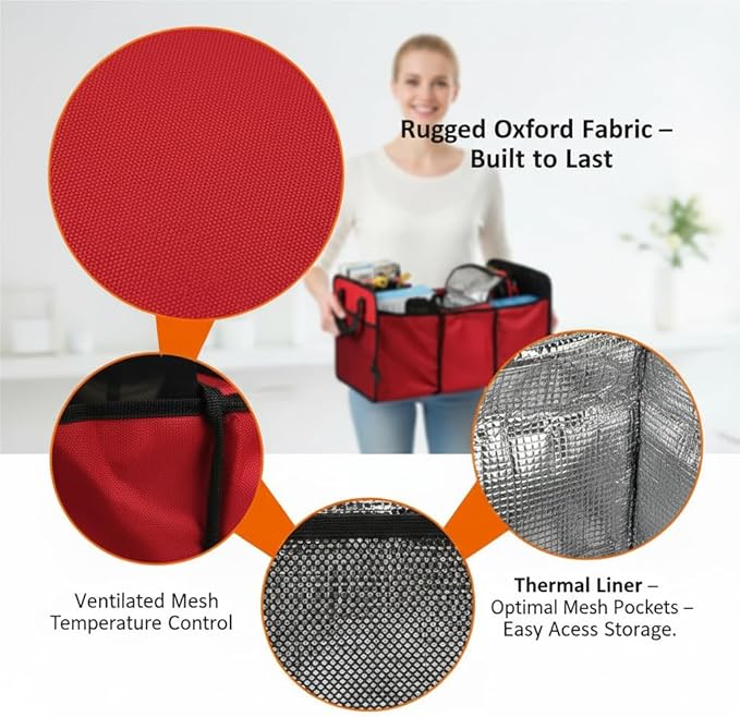 Vehicle Owners Red Collapsible Insulated Trunk Organizer 3-Compartment Car Cargo Storage Box Cooler for Groceries Camping & Road Trips All Season