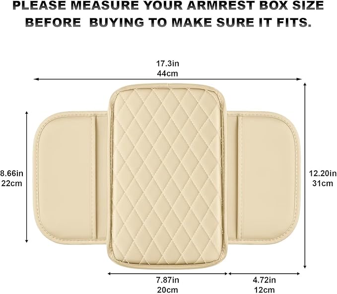 Upgraded Car Center Console Cover Fit for bZ4X Faux Leather Car Armrest Cover Cushion with 2 Storage Bags,Car Armrest Storage Box Interior Accessories(Beige&Whiteline)