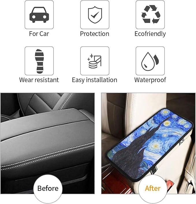 Starry Night Car Center Console Pad Van Gogh Universal Car Armrest Seat Box Cover for Most Vehicle, SUV, Truck, Car Interior Accessories Auto Armrest Cover Protector, Blue