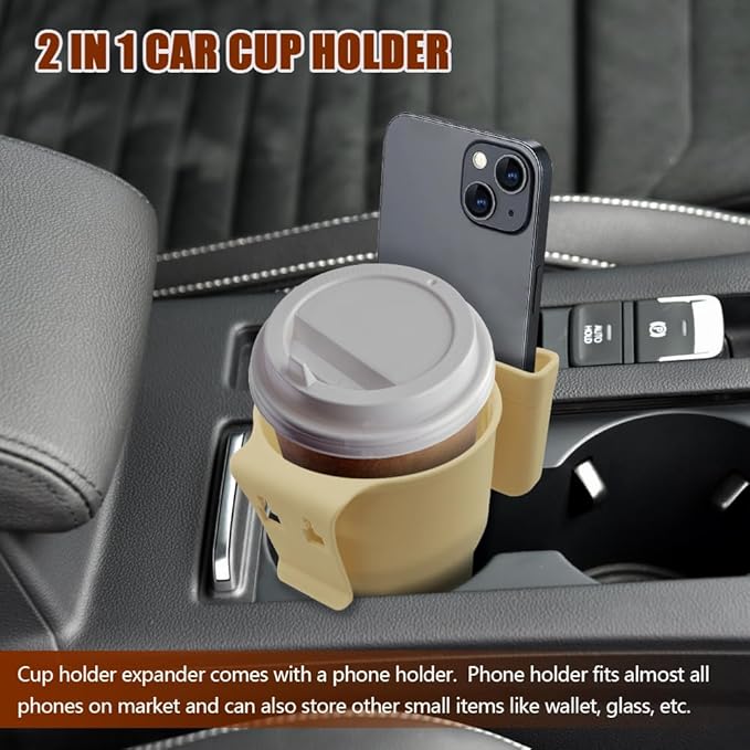 Car Cup Holder Expander, Cup Holder for Car, 2-in-1 Mobile Phone Drink Adapter, Auto Interior Accessories Multifunction Auto Seat Back and Armrest Box Storage Device for Most Vehicles (Beige)