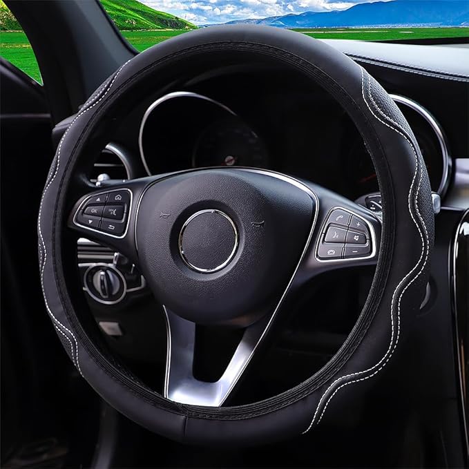 Elastic Stretch Steering Wheel Cover Universal 15 inch Steering Wheel Covers Soft Microfiber Leather Breathable Anti-Slip Durable Car Accessories Fit for Suvs, Vans, Trucks - White