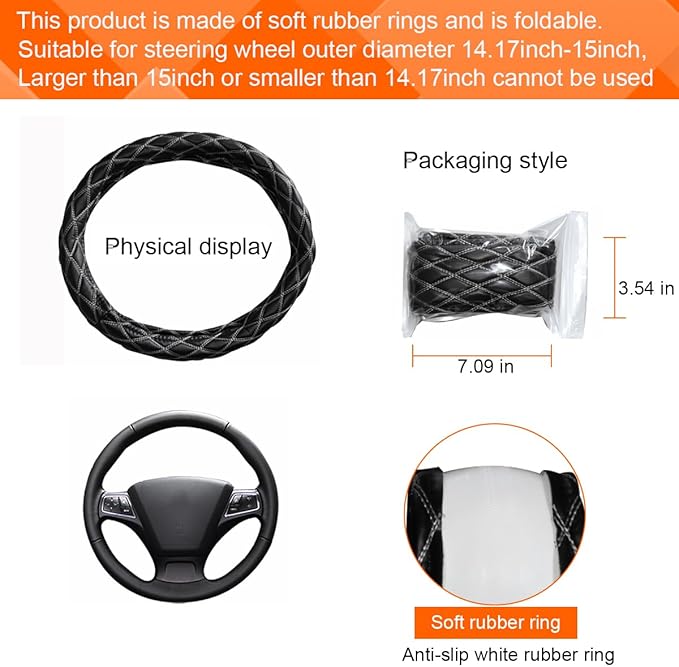 Car Steering Wheel Cover, 15" Soft Rubber Foldable Vehicle Steering Wheel Protector with Anti-Slip Lining, Automobile Interior Decoration Accessories, Universal for Most Vehicles (Black/White)