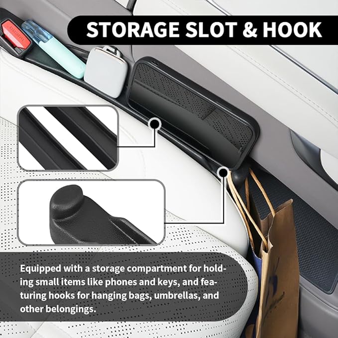 Turcee 2PCS Car Seat Gap Filler Organizer with Storage Slot & Hook,Car Seat Gap Filler Strip for Filling Gaps,Universal & Double-Sided Use Cars Seats Gaps Plug Cars Interior Accessories