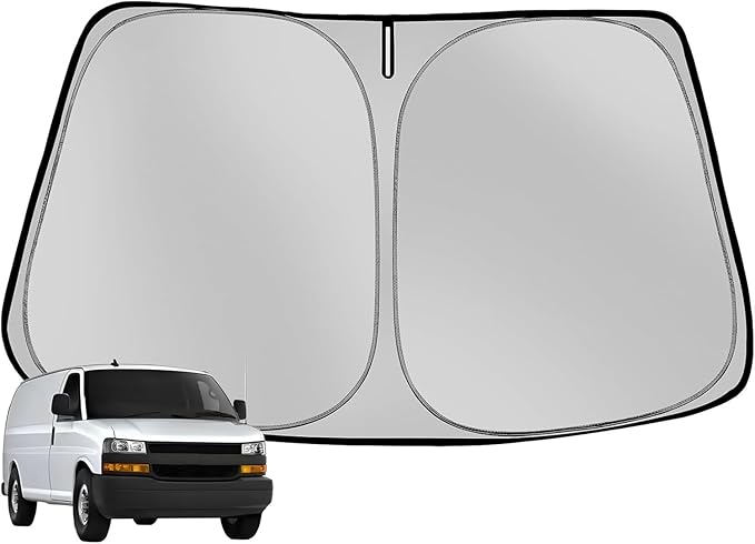 Fonowka Windshield Sun Shade for 1996-2025 Che-vrolet/Chevy Express Foldable Sun Sunshade for Car Front Window Blocks UV Rays and Heat Automotive Interior Protector Custom Fit Accessories