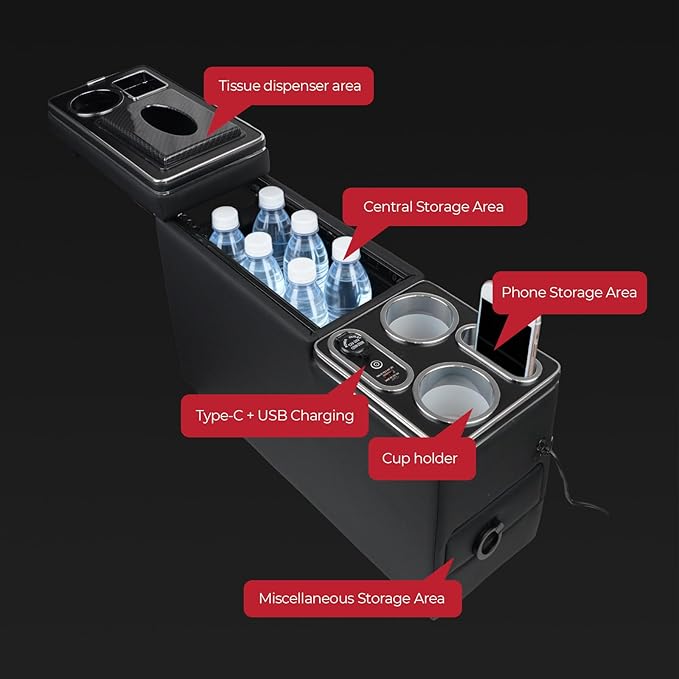 Center Console Between Seat Organizer for Minivans & SUVs - Tissue Box, Type-C & USB Fast Charge, 7-Color Ambient Light, Cup Holders, Middle Van Floor Console Storage Box (Black)