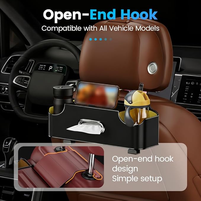 Car Backseat Organizer 3-in-1 Multifunctional Car Back Seat Storage Box with Drink Cup Holder Tissue Box Trash Bin & Hooks, Back Seat Car Organizer for Hold Phones,Drinks, and Handbags (Orange)