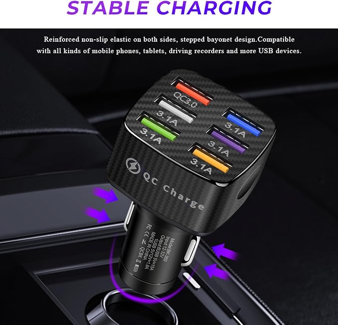 Car Charger Adapter, 6 USB Multi Port Fast Charging Cigarette Lighter Charger Adapter, Car Fast Charger Include QC 3.0 and 5 Other Ports for Most Cell Phones, Car Accessories (Black)