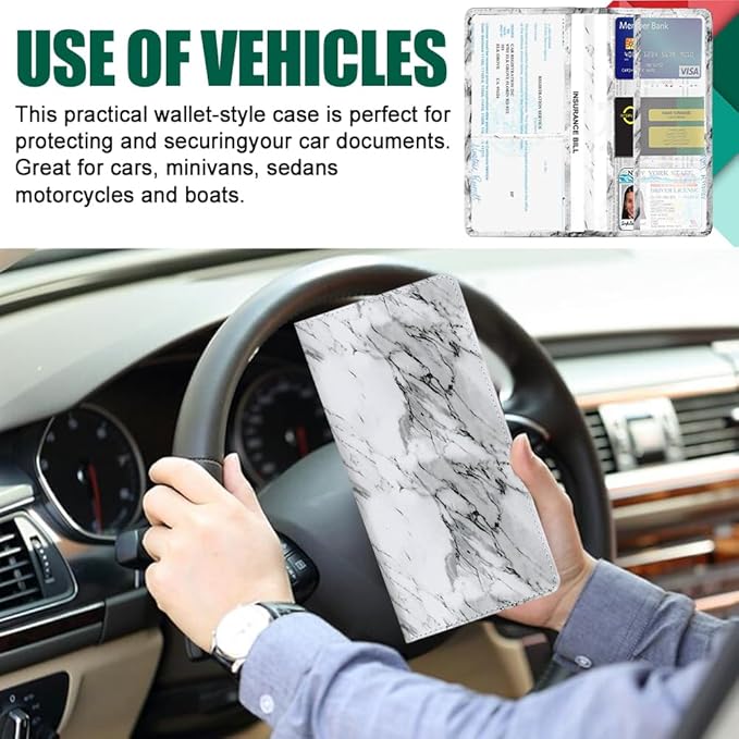 Vehicle Glove Box Car Organizer, Car Registration and Insurance Holder, Insurance Card Holder for Cars, Leather Card Holder Interior Auto Accessories for Women (Marble-White/Large)